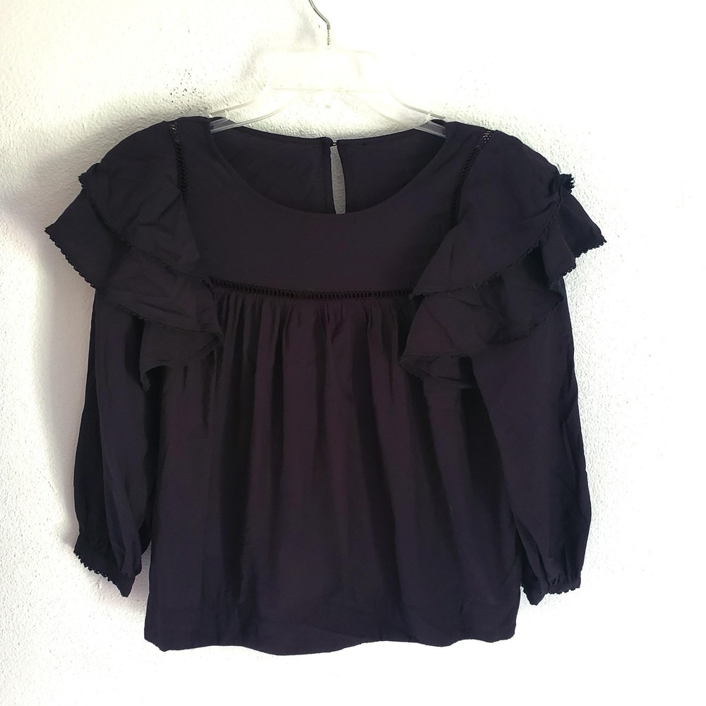 Rebecca Minkoff Blouse Designer Womens Small Black Ruffle Dark Romantic Boho Top